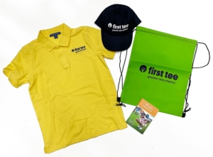 Pictured: First Tee hat, polo, backpack, and workbook